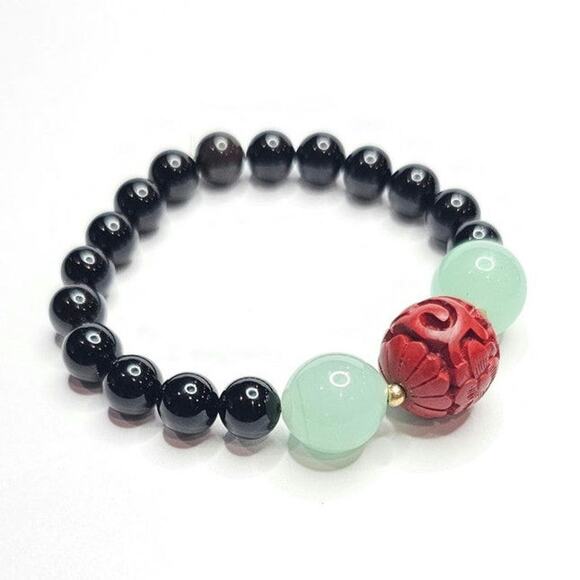Onyx & Carved Cinnabar Beaded Stretch Bracelet | Aqua Glass & Gemstone - Picture 1 of 2